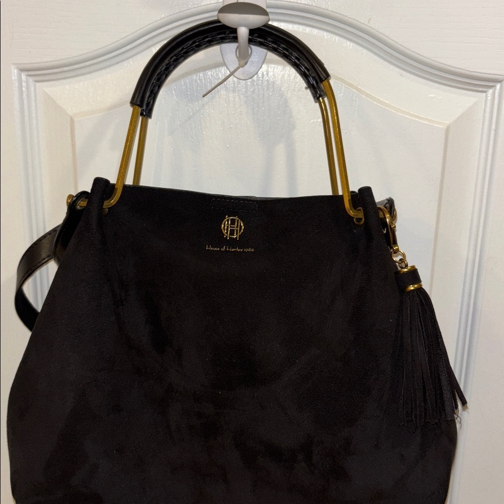 HOUSE OF HARLOW 1960 BLACK SUEDE BAG W/ SHOULDER STRAP GOLD/BRASS TONED HANDLE - Picture 6 of 16